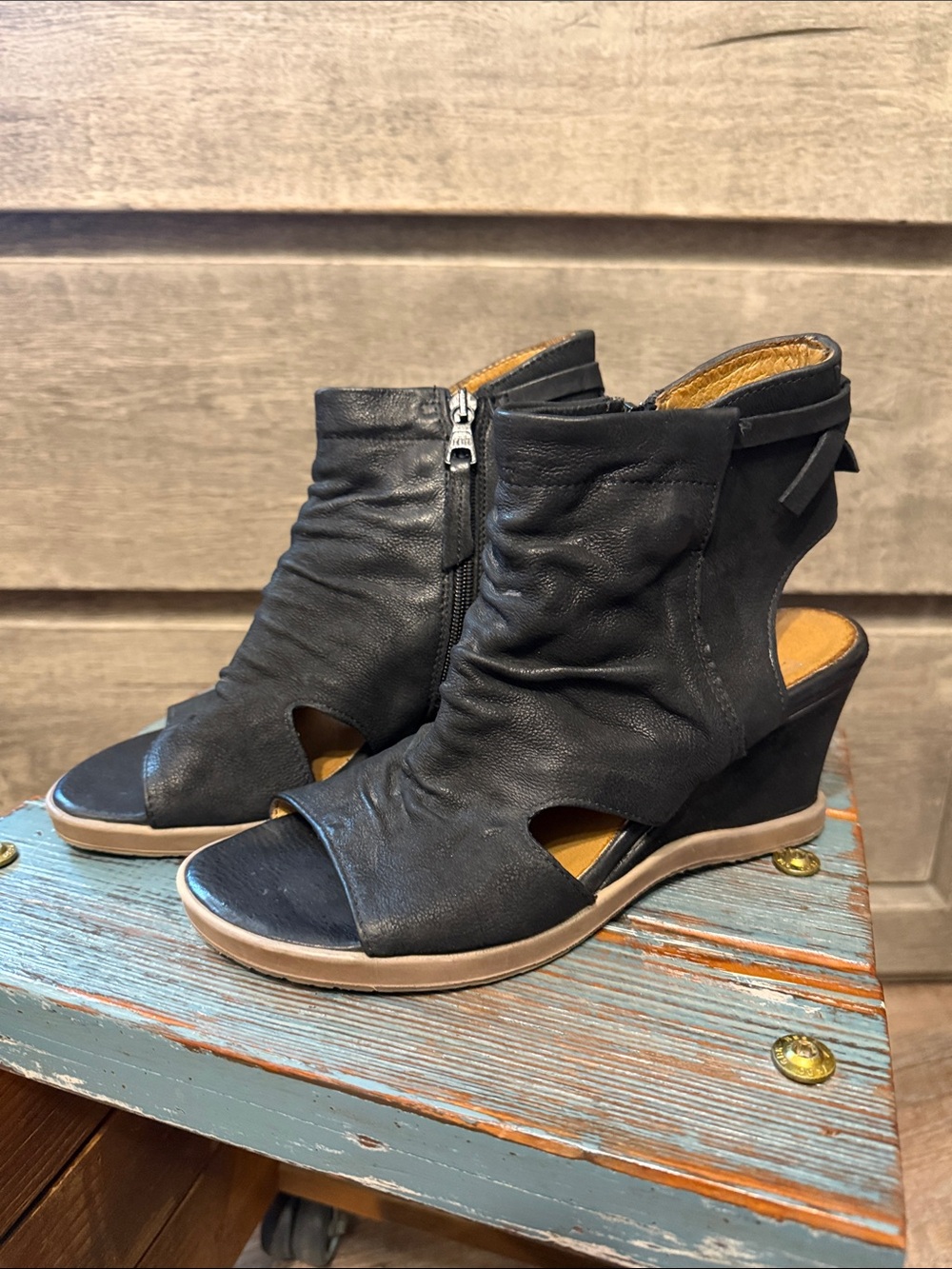 Miz Mooz Women's Black Open-Toe Wedge Ankle Boot